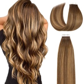 Lacer Tape in Hair Extensions Remy Human Hair 20 Pieces 50 Grams Human Hair Tape in Extensions Chocolate Brown to Caramel Blonde Hair Exteniosions Tape ins R4-4/27 24 Inches