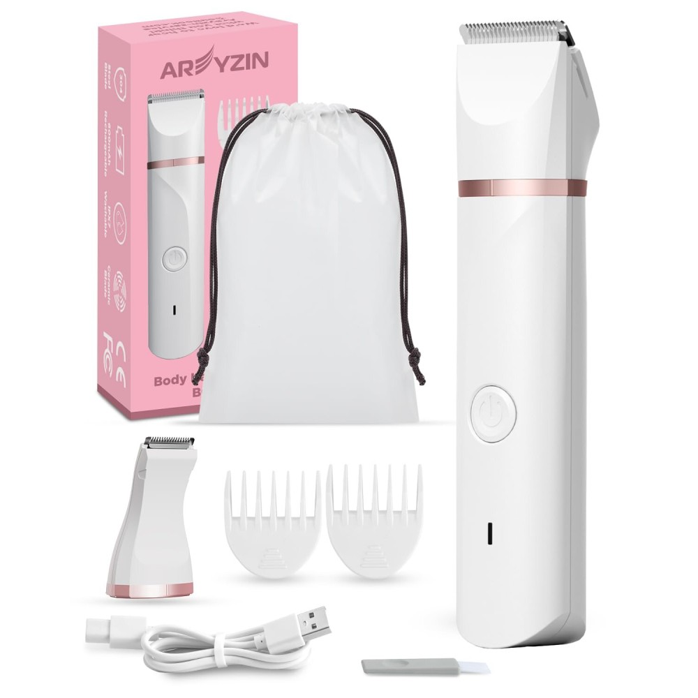 Bikini Trimmer Pubic Hair Trimmer for Women Legs Bikini Line Armpit Rechargeable Electric Shaver for Women Hair Removal with Snap-in Ceramic Blades IP7X Waterproof, White