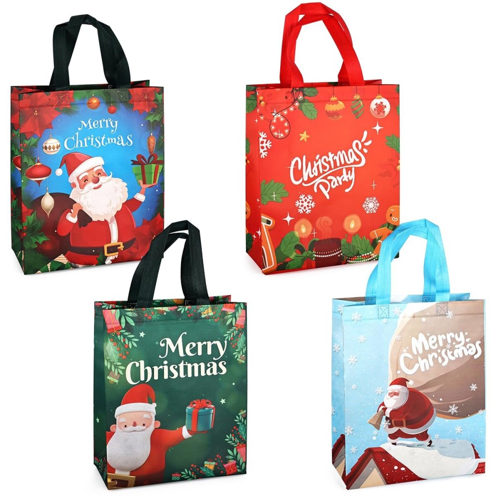 Aviski 4PCS Christmas Gift Bags, Multifunctional Treat Non woven Christmas Bags with Handles for Gifts Wrapping Shopping, Xmas Party Supplies