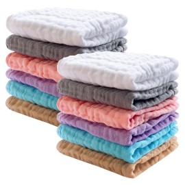 SWEET DOLPHIN 12 Pack Baby Muslin Washcloths - Soft Face Cloths for Newborn, Absorbent Bath Wash Cloths, Wipes, Burp Rag - Toddlers Essentials Stuff, Baby Registry as Shower -10x10, Multicolor