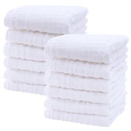 SWEET DOLPHIN 12 Pack Baby Muslin Washcloths - Soft Face Cloths for Newborn, Absorbent Bath Wash Cloths, Wipes, Burp Rag - Toddlers Essentials Stuff, Baby Registry as Shower -10x10, White