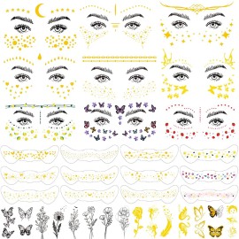 JEEFONNA 60 Sheets Face Temporary Tattoos, Metallic Fake Tattoos for Women, Men, Kids, Waterproof, Festival, Cosplay, Halloween