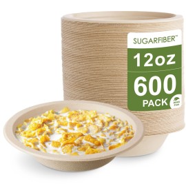 [600 Count] Harvest Pack PFAS Free 12oz Round Compostable Paper Bowls Bulk, Disposable Heavy-Duty Eco-Friendly Bagasse Bowls, Sugarcane Natural Plant fibers for Meal Prep Takeout Dinnerware