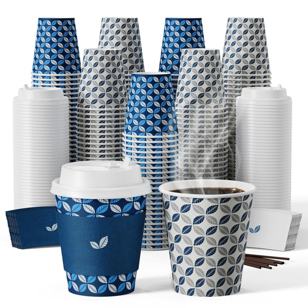 JOLLY CHEF 100 Pack 10 oz Disposable Coffee Cups, Hot Paper Coffee Cups with Lids, Sleeves and Stirrers for Home, Office, Cafe (Blue Leaf and Grey Leaf)