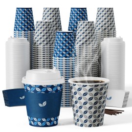 JOLLY CHEF 100 Pack 10 oz Disposable Coffee Cups, Hot Paper Coffee Cups with Lids, Sleeves and Stirrers for Home, Office, Cafe (Blue Leaf and Grey Leaf)