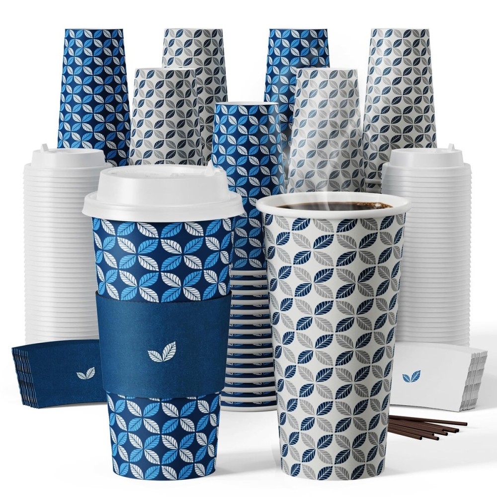JOLLY CHEF 100 Pack 20 oz Disposable Coffee Cups, Hot Paper Coffee Cups with Lids, Sleeves and Stirrers for Home, Office, Cafe (Blue Leaf and Grey Leaf)