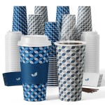 JOLLY CHEF 100 Pack 20 oz Disposable Coffee Cups, Hot Paper Coffee Cups with Lids, Sleeves and Stirrers for Home, Office, Cafe (Blue Leaf and Grey Leaf)