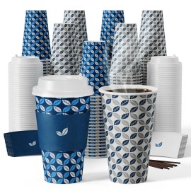 JOLLY CHEF 16 oz Coffee Cups with Lids 100 Pack, Disposable Hot Paper Coffee Cups with Lids, Sleeves and Stirrers for Christmas, Thanksgiving, Party