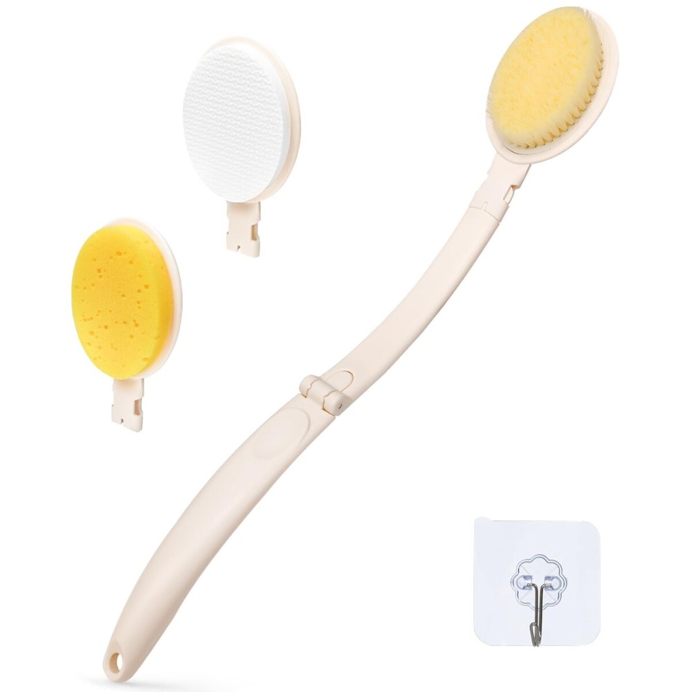 LFJ 19 Long Handle Shower Sponge Brush Set, 3 in 1 Body Brush, Bath Sponge and Lotion Applicator Improved Skin Health, Suitable for Men and Women (White Brush-1P)