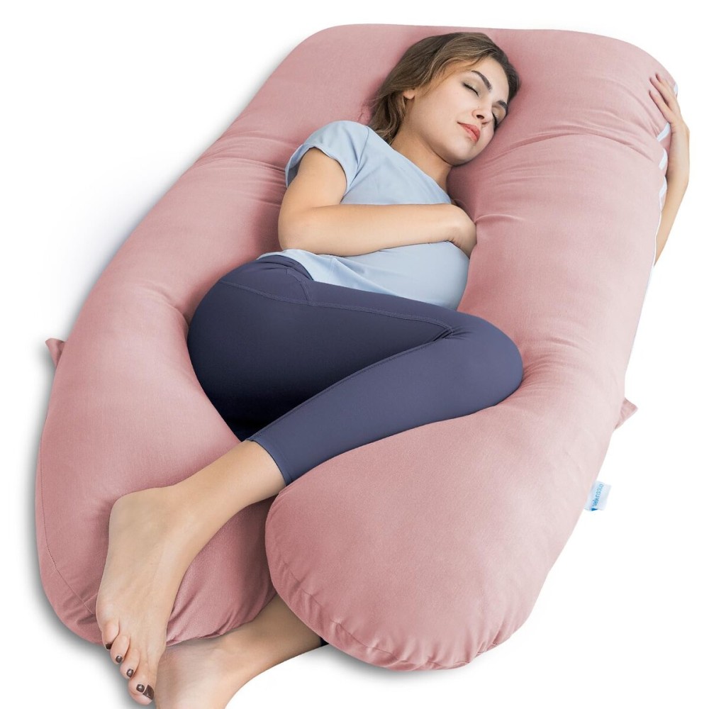 QUEEN ROSE Extra Long Pregnancy Pillows, 60 Inch U Shaped Body Pillow for Sleeping, Cooling Maternity Pillow for Pregnant Women, Body Support for Adults, with Soft Silky Cover, Pink
