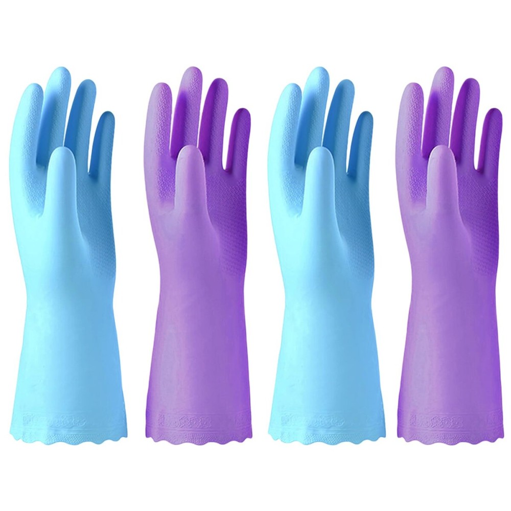 Alimat PluS 4PCS Reusable Cleaning Gloves Latex Free, Dishwashing Gloves with Cotton Flock Liner and Embossed Palm, Waterproof Household Rubber Gloves for Laundry, Gardening(Medium, Blue+Purple)