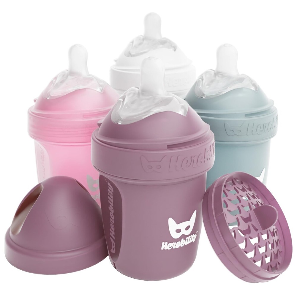 Herobility Double Anti-Colic Baby Bottles - 5 fl oz/140ml - 4-Pack - Multicolor - White, Gray, Pink, Hawthorn Rose