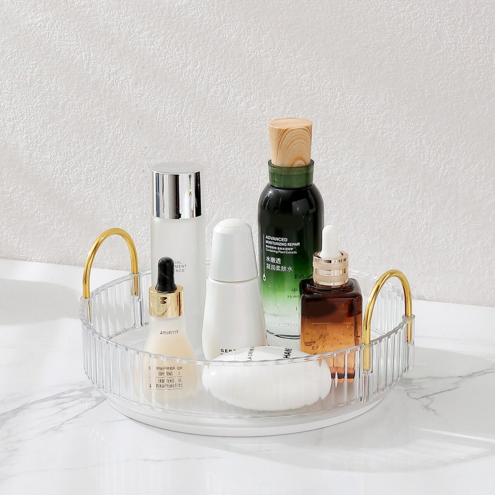 Aveniee Rotating Makeup Organizer for Vanity, Large Perfume Skincare Organizers for Bathroom Counter, Cosmetic Dresser Storage Display Case Holder 360 Spinning,Pearl White