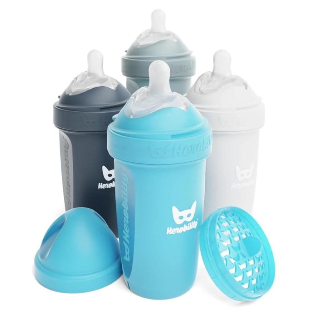 Herobility Double Anti-Colic Baby Bottles - 8.5 fl oz/240ml - 4-Pack - Multicolor - White, Gray, Iron Blue, Blue