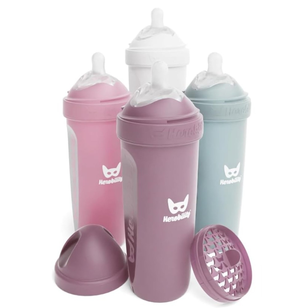 Herobility Double Anti-Colic Baby Bottles - 12 fl oz/340ml - 4-Pack - Multicolor - White, Gray, Pink, Hawthorn Rose