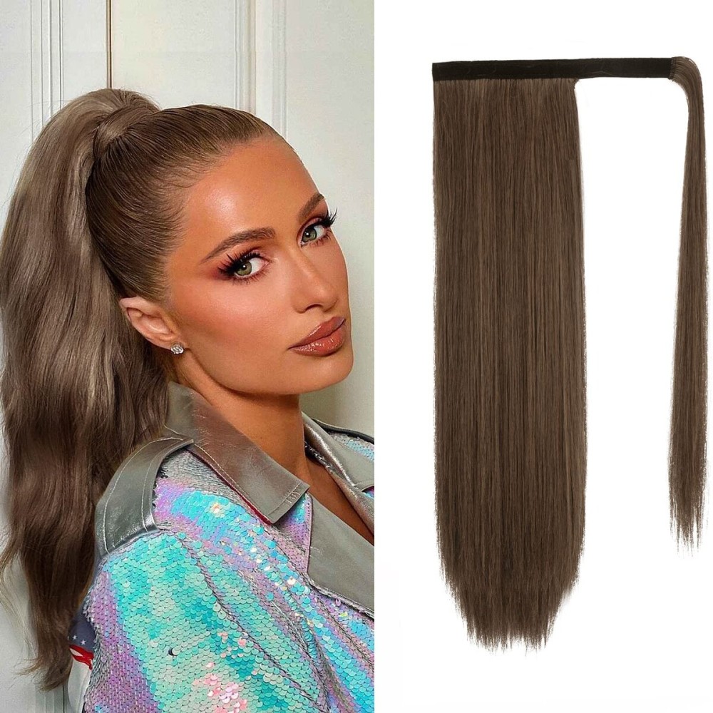 BARSDAR Straight Wrap Ponytail Extension - 18 Inch Long Straight Wrap Around Ponytails for Women, Clip in Ponytail Hair Extensions Synthetic Brown Pony Tails Hairpieces - Dark Brown & Auburn