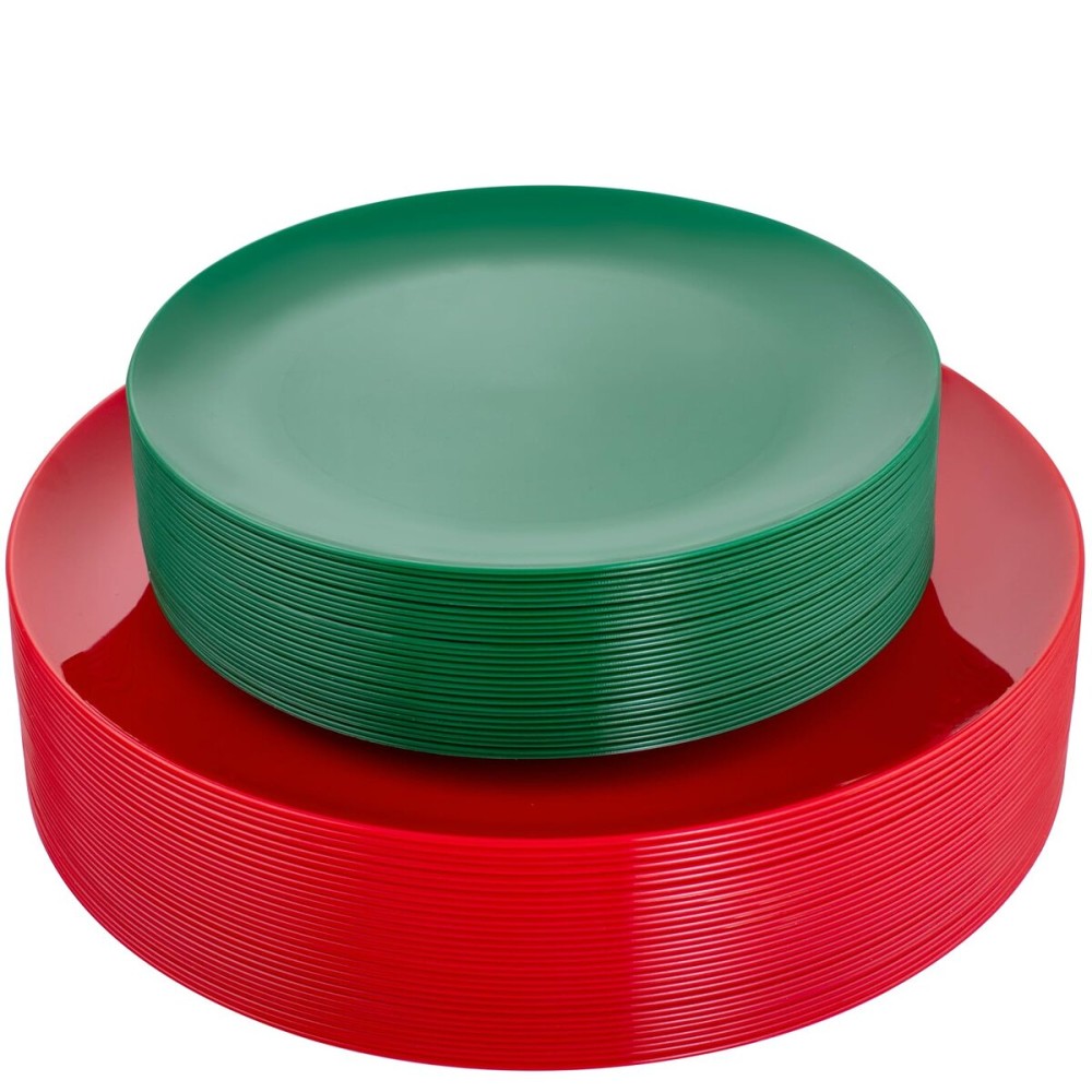 KIRE 60Pcs Plastic Plates, Premium Disposable Christmas Dinner & Dessert Plates, Modern Design, Green & Red, 30 of Each, All Seasons, 7.5inch/10.25inch, 0.1lbs, for Parties & Easter