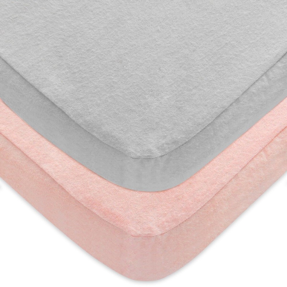 Pack and Play Sheets 2 Pack, 100% Cotton Flannel, Fitted Portable Mini Crib Sheet for Girls Boys, Ultra Soft Breathable Convertible Playard Mattress Cover Warm, Grey&Pink