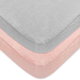 Pack and Play Sheets 2 Pack, 100% Cotton Flannel, Fitted Portable Mini Crib Sheet for Girls Boys, Ultra Soft Breathable Convertible Playard Mattress Cover Warm, Grey&Pink