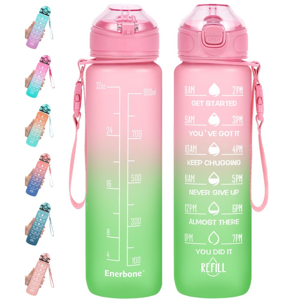Enerbone 32 oz Water Bottle with Times to Drink and Straw, Motivational Drinking Bottles Carrying Strap, Leakproof BPA & Toxic Free, Ensure You Enough for Fitness Gym Outdoor Watermelon