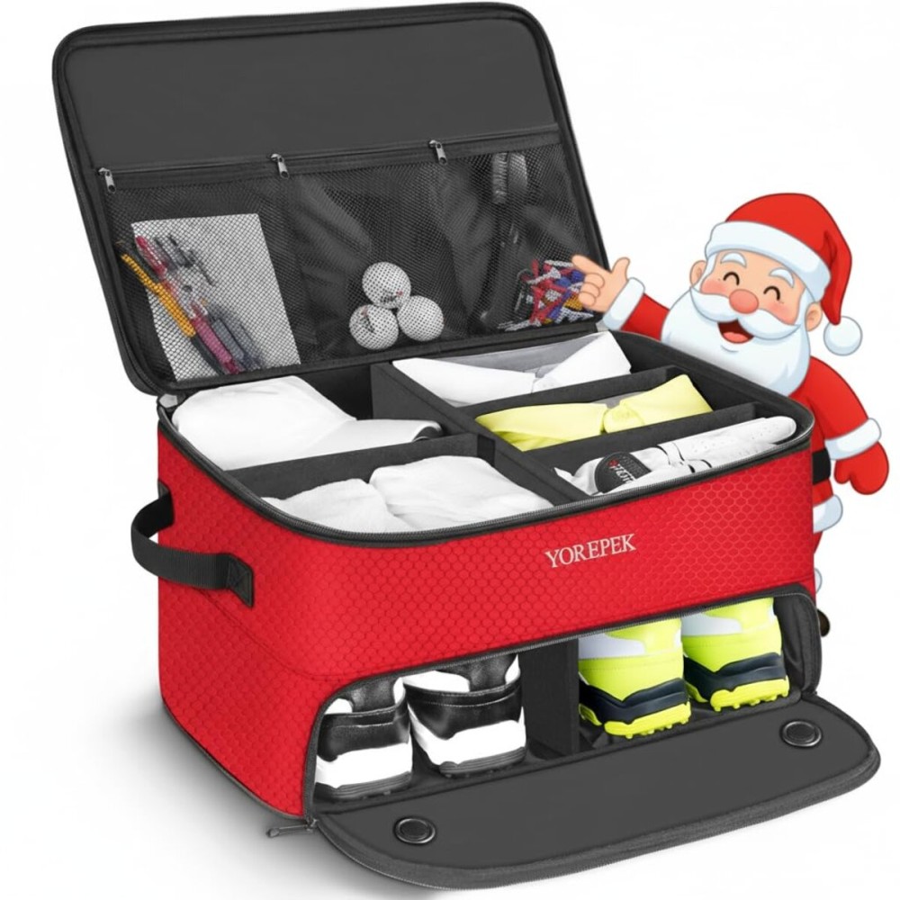 YOREPEK 2 Layer Golf Trunk Bag Organizer, Sturdy Golf Trunk Storage Storing 2 Pair Shoes and Golfing Essentials for Women In One, Towel, Hats, Cleaner Brush, Divot Tool, Gifts for Women Golfers, RED