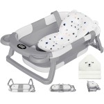 MoreFeel Collapsible Baby Bathtub for Newborn with Thermometer & 1 Hooded Towel & 1 Soft Floating Cushion,Portable Travel Bathtub with Drain Hole, Durable Foldable Baby Tubs for Infants to Toddler