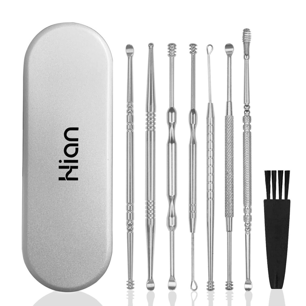Hion 8 Pcs Ear Wax Removal Kit,Professional Double-Headed Ear Pick Earwax Removal Tools,316L Stainless Steel Ear Cleaner Curette with Cleaning Brush and Storage Box,Suit for Kid Adult(Silver)