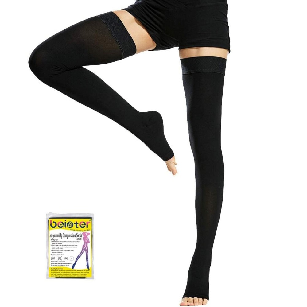 Beister Medical Thigh High Compression Stockings with Silicone Band for Women & Men, 20-30 mmHg Open Toe Graduated Support Socks, Compression Hoses for Varicose Veins, Edema, Flight, DVT, Leg Pain