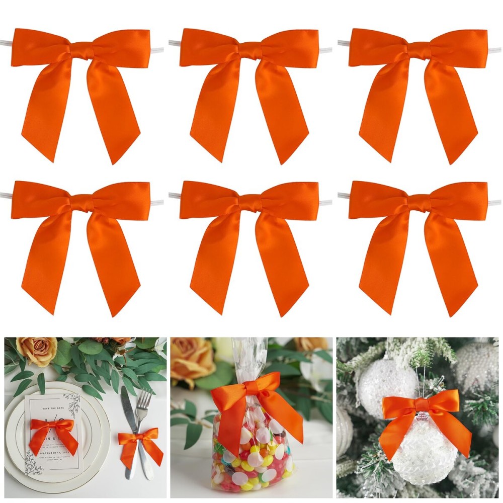 AIMUDI Twist Tie Bows for Treat Bags 3.5 Orange Satin Ribbon Bows for Crafts Premade Bows with Twist Ties for Autumn Cake Pop Candy Apple Small Bows for Gift Wrapping Wedding Halloween Decor, 50 PCs