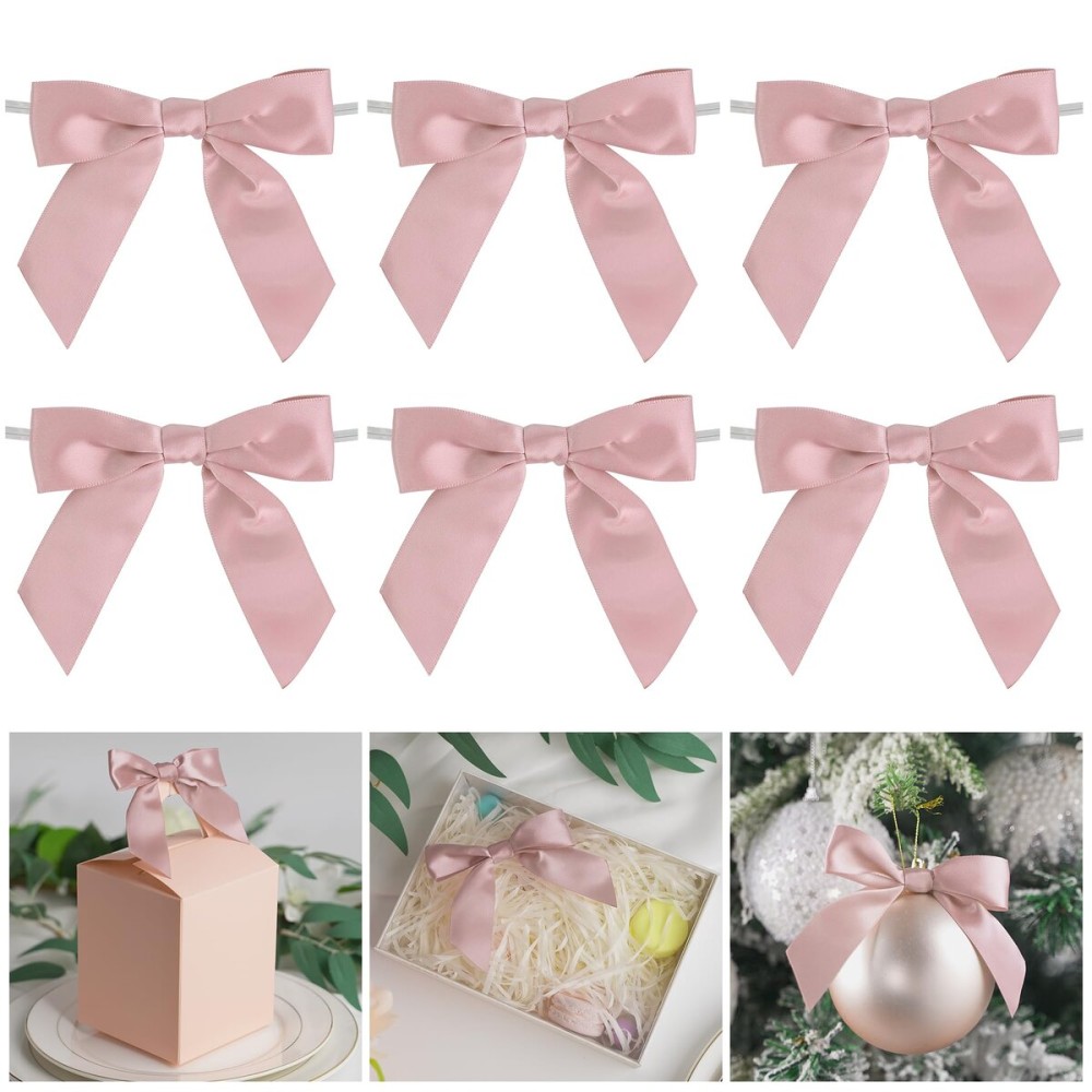 AIMUDI Twist Tie Bows for Treat Bags 3.5 Rose Pink Satin Ribbon Bows for Crafts Premade Bows with Twist Ties for Christmas Cake Pop Candy Apple Small Bows for Gift Wrapping Wedding Decor, 50 PCs