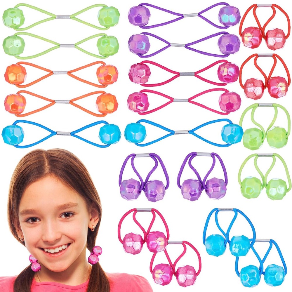 20pc Ponytailers Balls Elastics 18mm Round Opaque Multicolored Twin Beads Bauble Holders Toddler Kids Braiding Styling