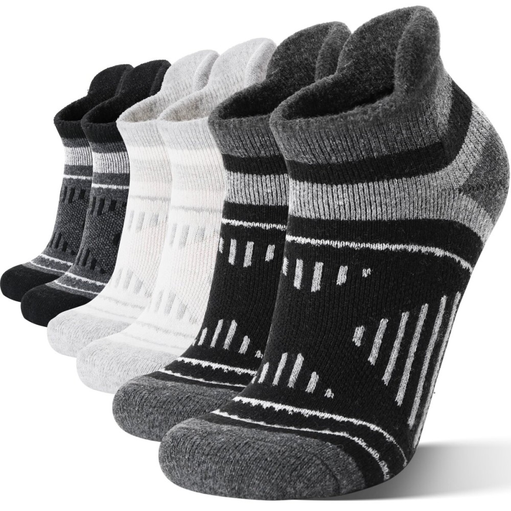 EBMORE Merino Wool Ankle Hiking Socks Compression Warm Winter Thermal Thick Cushion No Show Running Moisture Wicking Socks Gifts Stocking Stuffers for Men Women 6 Pairs(Black White,L)