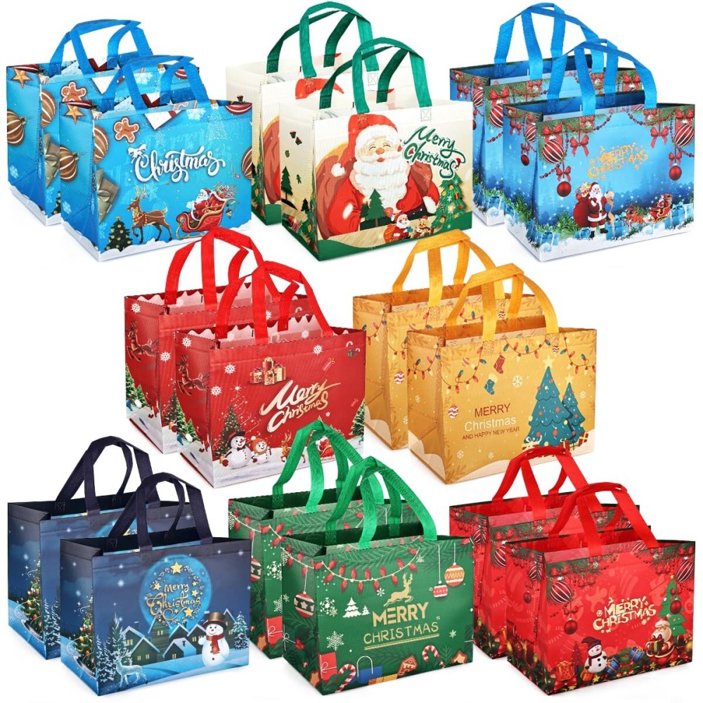 PARSUP 16PCS Christmas Gift Bags with Handles, Non-Woven Christmas Bags for Shopping Treat Gifts Wrapping, Xmas Party Supplies, 12.8 * 9.8 * 6.7inch