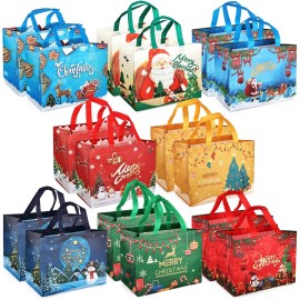 PARSUP 16PCS Christmas Gift Bags with Handles, Non-Woven Christmas Bags for Shopping Treat Gifts Wrapping, Xmas Party Supplies, 12.8 * 9.8 * 6.7inch