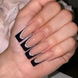 DANMANR Coffin Long Press on Nails Full Cover Coffin Fake Nails Acrylic False Nails for Women (Balck french with shiny nails)