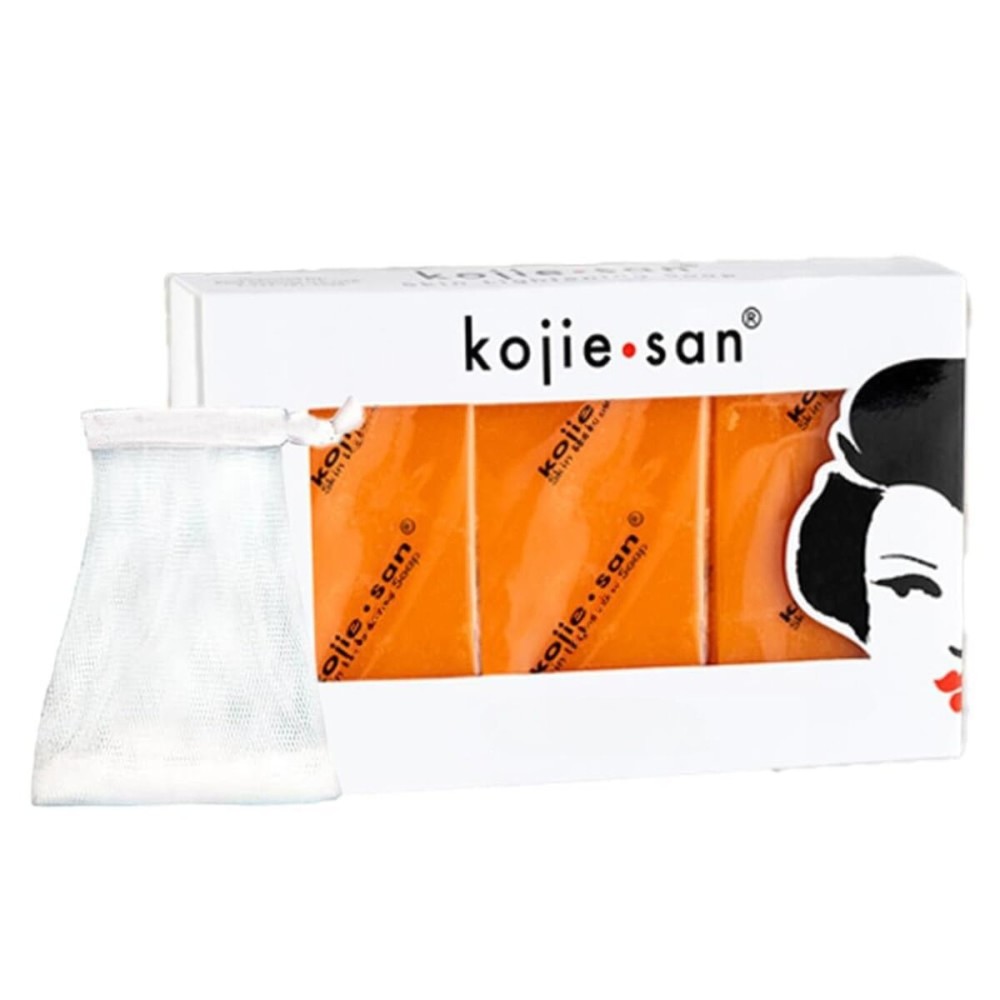 Kojie San Original Kojic Acid Soap that Reduces Dark Spots, Hyperpigmentation, & Scars with Exfoliating Soap Net Included - 65g x 3 Bars