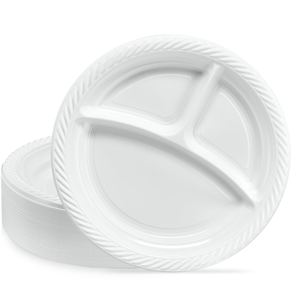 PLASTICPRO 9 inch Round Plastic Plates 3 Compartment - 3 Section Plates Microwaveable, Disposable, White, Dinnerware 100 Count