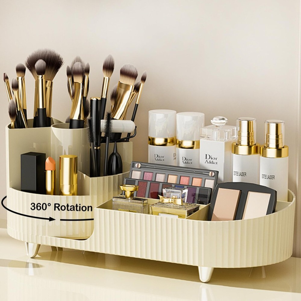 360 Rotating Vanity Makeup Organizer with Brush Holder, Large Spinning Cosmetic Storage for Skincare, Perfumes and Lotions