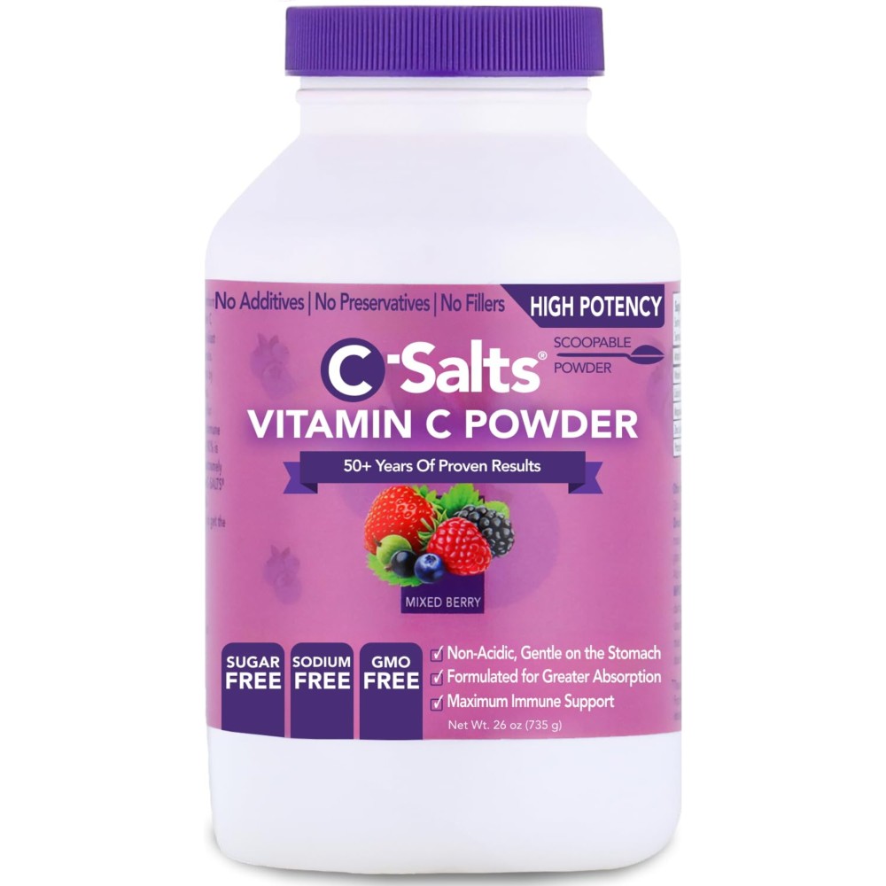 C-Salts Vitamin C Powder Supplement - 100% Pure High Dose Buffered Vitamin C Powder for Immune Support - Organic, Sugar-Free, Vegan, Non-GMO, Stomach-Friendly, Mixed Berry 26oz