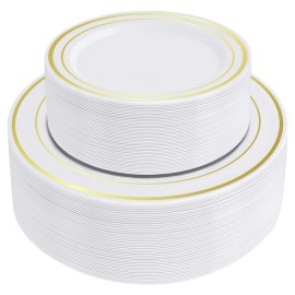 SETUP 100-Piece Gold Trim Plastic Dinnerware Set - 50 10.25 Dinner & 50 7.5 Salad Plates - Heavy-Duty Disposable for Weddings, Catering, Parties