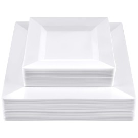 SETUP 60-Piece White Square Plastic Dinnerware Set - 30 9.5 Dinner & 30 6.5 Salad Plates - Heavy-Duty Disposable for Weddings, Catering, Parties