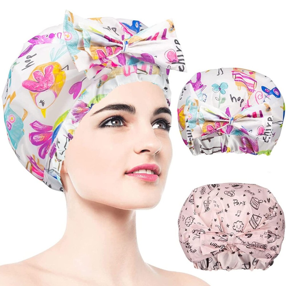 2 PCS Shower Caps, Reusable & Extra Large & Adjustable & Double Layer Waterproof Bow Knot Hair Reusable Cap for Women, Waterproof Outer & EVA Lining, for Shower, Spa, Makeup
