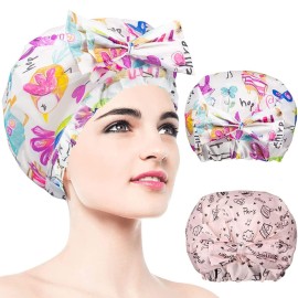 2 PCS Shower Caps, Reusable & Extra Large & Adjustable & Double Layer Waterproof Bow Knot Hair Reusable Cap for Women, Waterproof Outer & EVA Lining, for Shower, Spa, Makeup