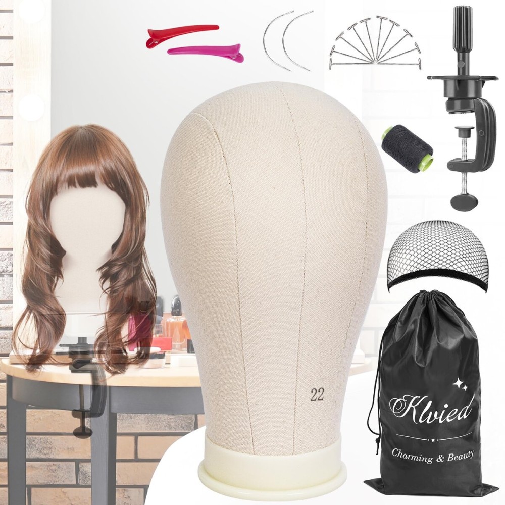 Klvied 22 Inch Cork Canvas Block Head Mannequin Head for Wigs, Wig Head Stand for Display Styling Wigs Making Kit Including Doll Head Storage Bag
