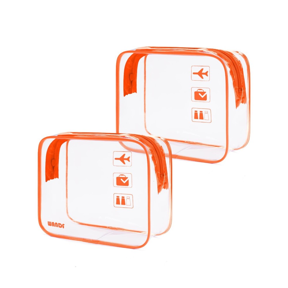 WANDF TSA Approved Toiletry Bag, 2 Packs Travel Clear Toiletry Bag, Quart Size Makeup Cosmetic Pouch with Zipper, Carry-On Airport Compliant Bag for Women and Men (2pcs Orange)