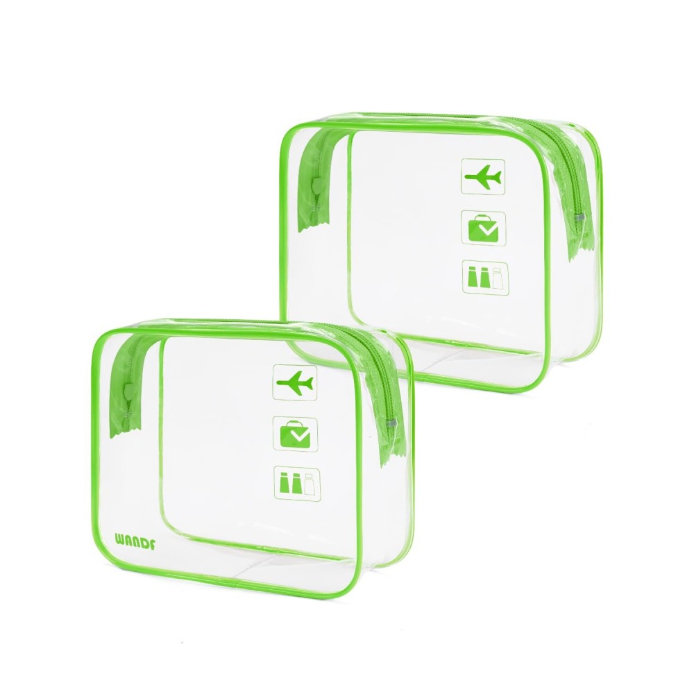 WANDF TSA Approved Toiletry Bag, 2 Packs Travel Clear Toiletry Bag, Quart Size Makeup Cosmetic Pouch with Zipper, Carry-On Airport Compliant Bag for Women and Men (2pcs Green)