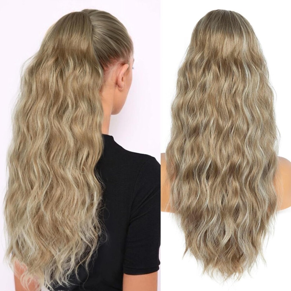 Ponytail Extension for Women, 26 inch Drawstring Ponytail Extension, Wavy Pony Tails Hair Extensions, Synthetic Hair Extensions Ponytail for Daily Use (Color: Light Ash Brown Mixed White)