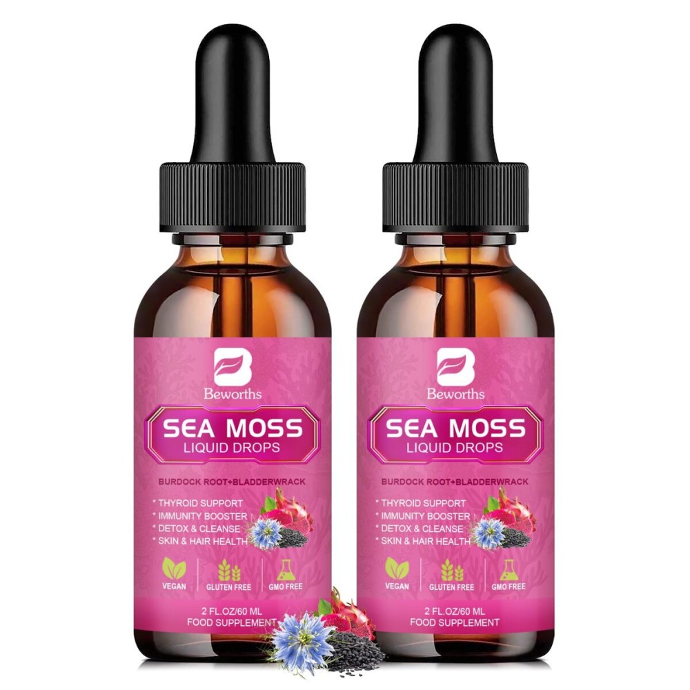 B BEWORTHS Sea Moss Liquid Drops - Black Seed Oil & Irish Sea Moss Gel with Burdock Root Bladderwrack, Elderberry, Spirulina, Seamoss Supplement for Energy Booster, Digestive Health - 4 Fl Oz, Vegan