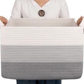 OIAHOMY Cotton Rope Basket, Rectangle Woven Baskets for Storage, Nursery Blanket Storage Living Room, Toy Basket With Handle-17.7x13.8x11-Gradient Grey