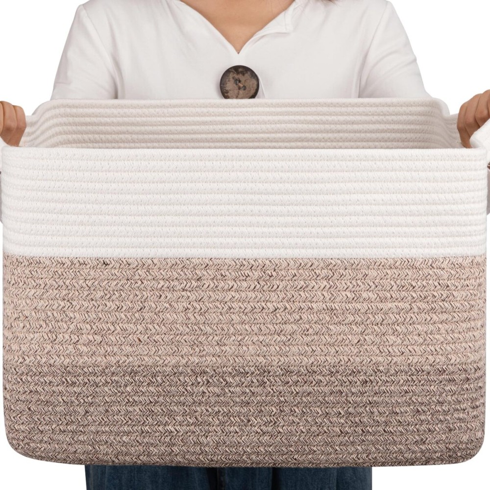 OIAHOMY Cotton Rope Basket, Rectangle Woven Baskets for Storage, Nursery Blanket Storage Living Room, Toy Basket With Handle-17.7x13.8x11-Gradient Yellow